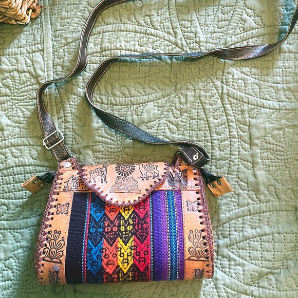 Vintage Handmade Peruvian Leather & Tapestry Crossbody Bag - Picture 2 of 6